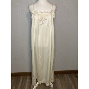 Vintage Natori Slip Nightgown Long Women’s M Satin Ivory Floral Embroidered